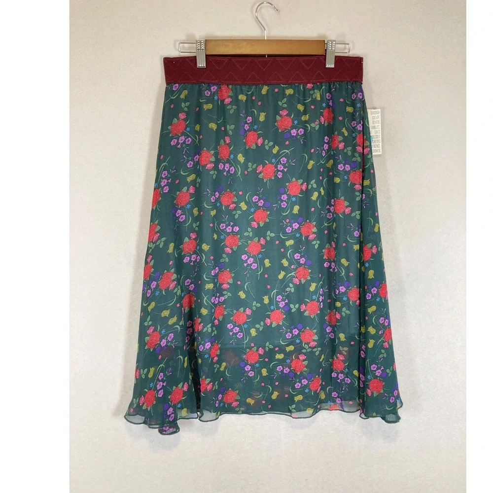 Cottagecore LuLaRoe Women Medium Green Floral Rose Chiffon Lined Midi Skirt